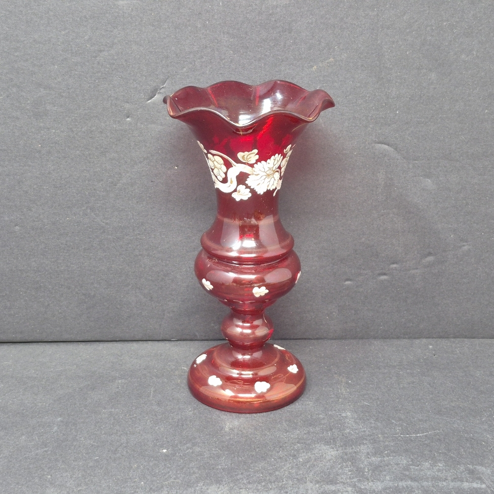 Ruby Red Vase With White And Gold Leaf And Floral Pattern